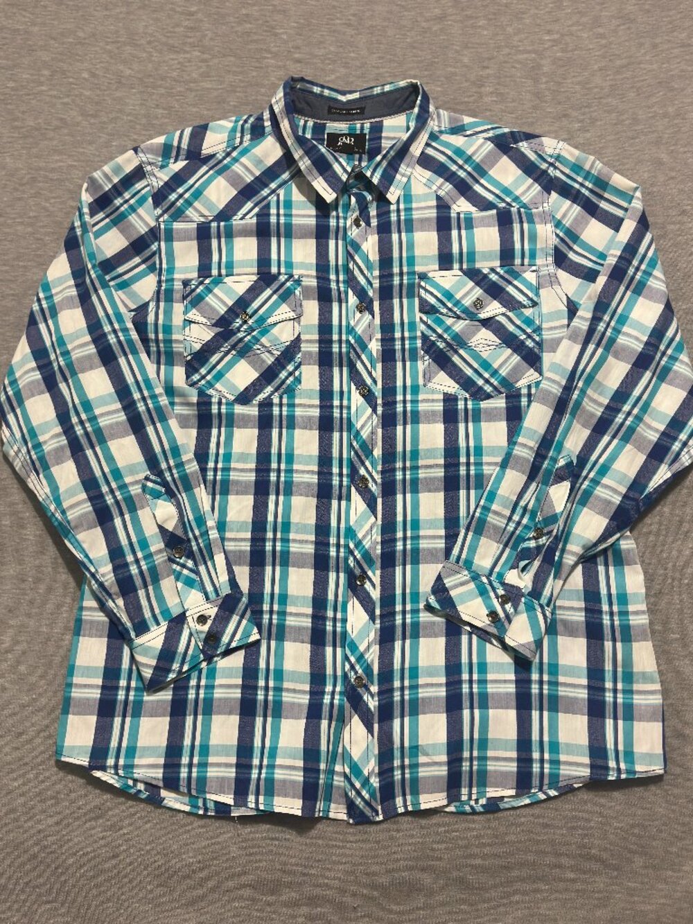 Rock & Republic Shirt Men's XXL Flair Western Blue Teal Plaid Button Long Sleeve